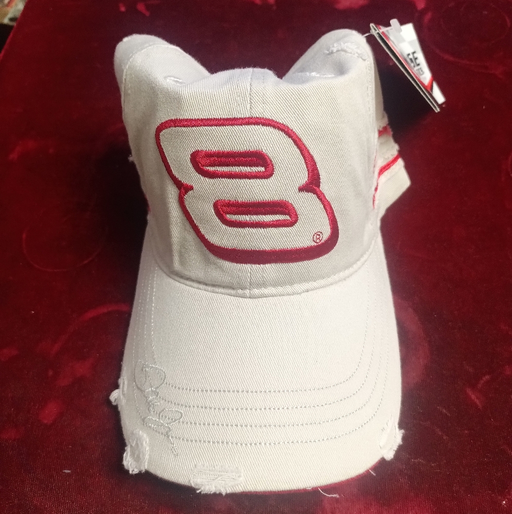 Dale Earnhardt Jr NASCAR Hat Distressed Cap Auto Race #8 Bud Khaki Red